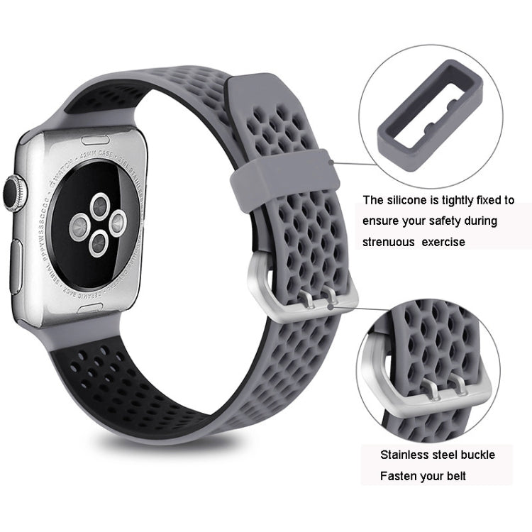 For Apple Watch Series 7 41mm / 6 & SE & 5 & 4 40mm / 3 & 2 & 1 38mm Two-tone Honeycomb Breathable Silicone Watch Band(Grey Black)