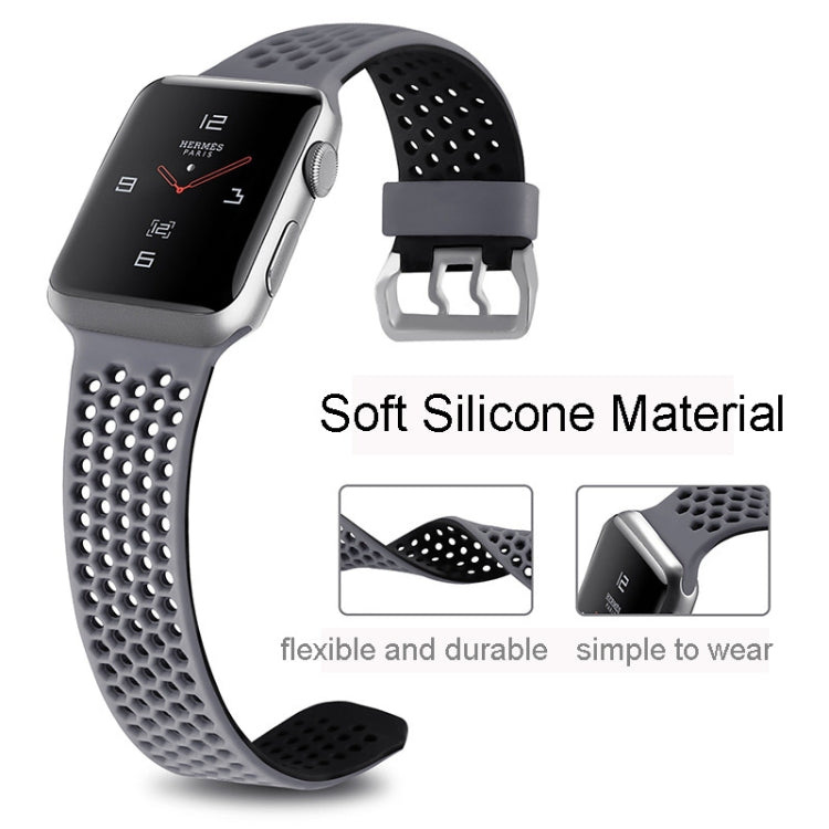 For Apple Watch Series 7 41mm / 6 & SE & 5 & 4 40mm / 3 & 2 & 1 38mm Two-tone Honeycomb Breathable Silicone Watch Band(Grey Black)