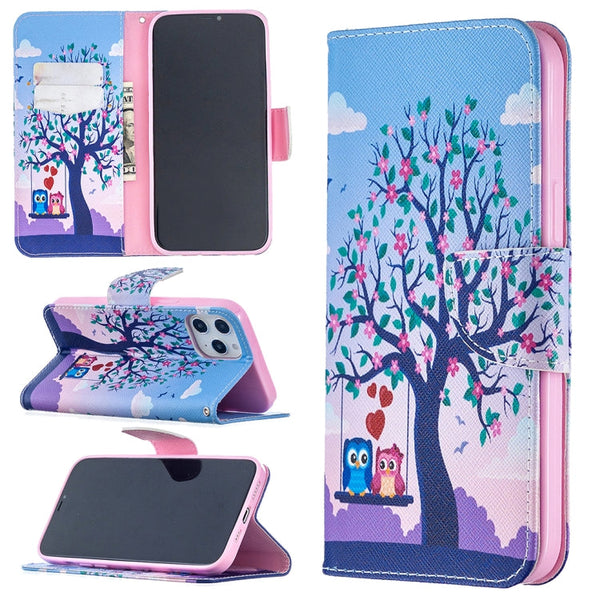 For iPhone 12 Pro Max Colored Drawing Pattern Horizontal Flip Leather Case with Holder & Card Slots & Wallet(Two Owls)