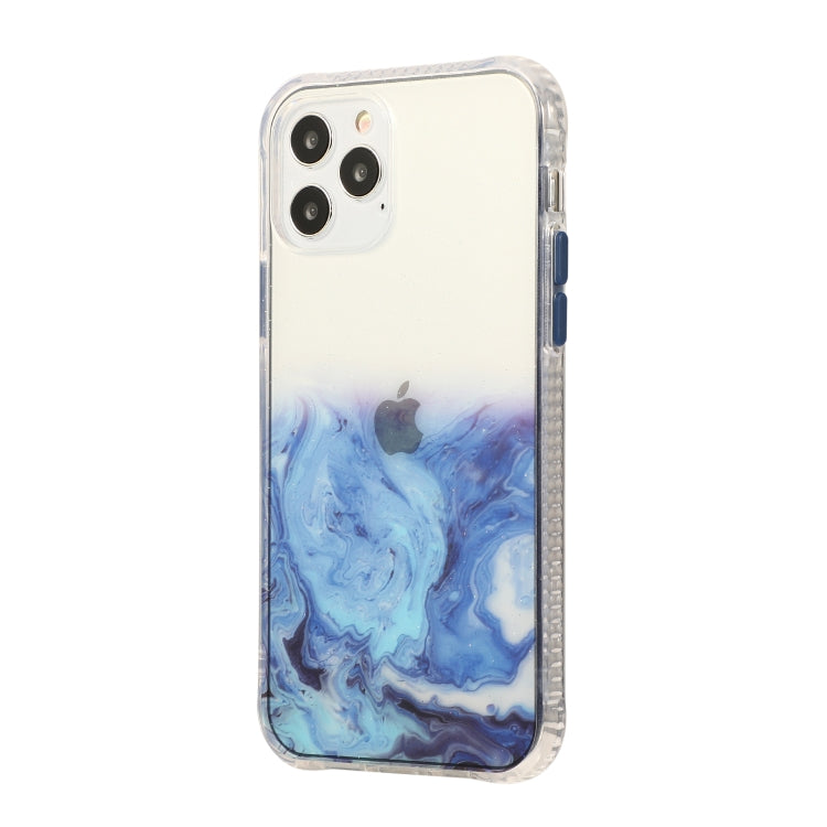 For iPhone 12 / 12 Pro Marble Pattern Glittery Powder Shockproof TPU + Acrylic Protective Case with Detachable Buttons(Blue)