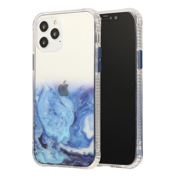 For iPhone 12 / 12 Pro Marble Pattern Glittery Powder Shockproof TPU + Acrylic Protective Case with Detachable Buttons(Blue)