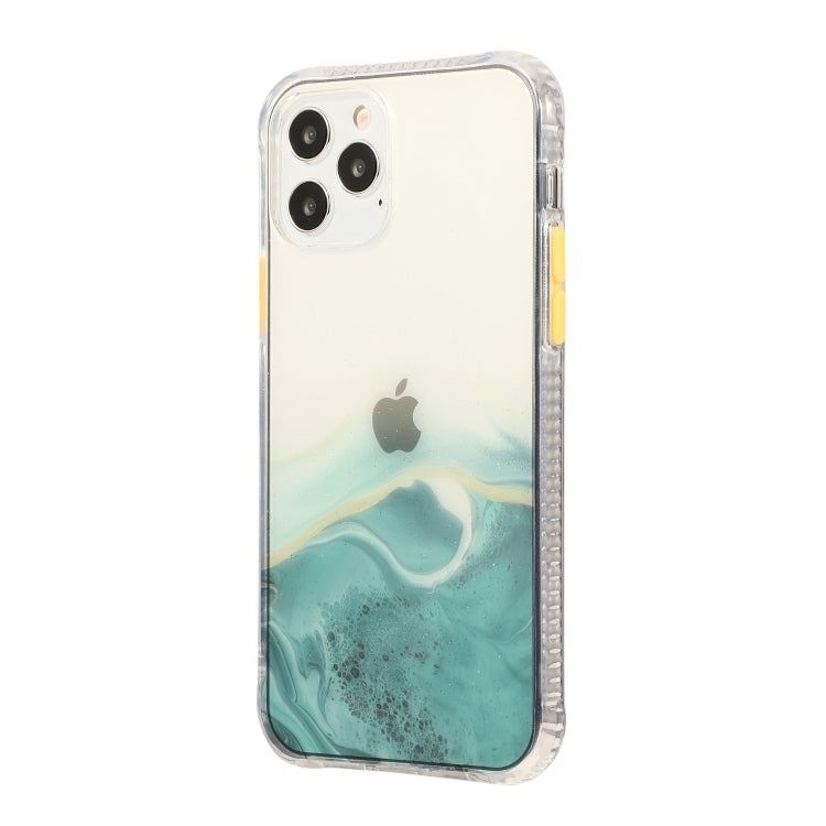 For iPhone 12 / 12 Pro Marble Pattern Glittery Powder Shockproof TPU + Acrylic Protective Case with Detachable Buttons(Green)