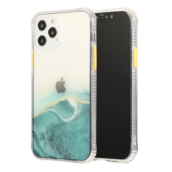 For iPhone 12 / 12 Pro Marble Pattern Glittery Powder Shockproof TPU + Acrylic Protective Case with Detachable Buttons(Green)