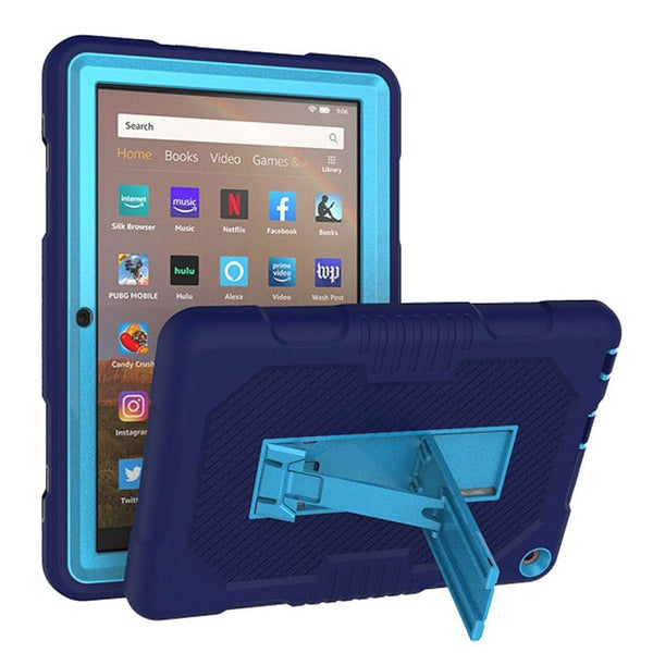 For Amazon Kindle Fire HD 8 (2020) B2 Contrast Color Silicone + PC Protective Case with Holder(Navy Blue+Blue)