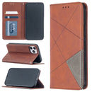 For iPhone 12 / 12 Pro Rhombus Texture Horizontal Flip Magnetic Leather Case with Holder & Card Slots(Brown)