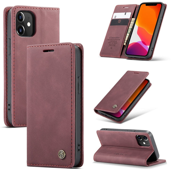 For iPhone 12 mini CaseMe-013 Multifunctional Retro Frosted Horizontal Flip Leather Case with Card Slot & Holder & Wallet(Wine Red)