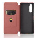 For Sony Xperia 5 Carbon Fiber Texture Horizontal Flip TPU + PC + PU Leather Case with Card Slot(Brown)