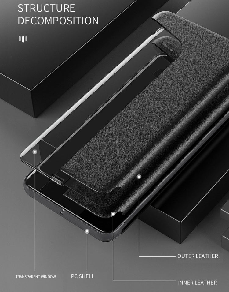 For Huawei Mate 20 Pro Side Display Shockproof Horizontal Flip Leather Case with Holder & Call Answering Function & Sleep / Wake-up(Red)