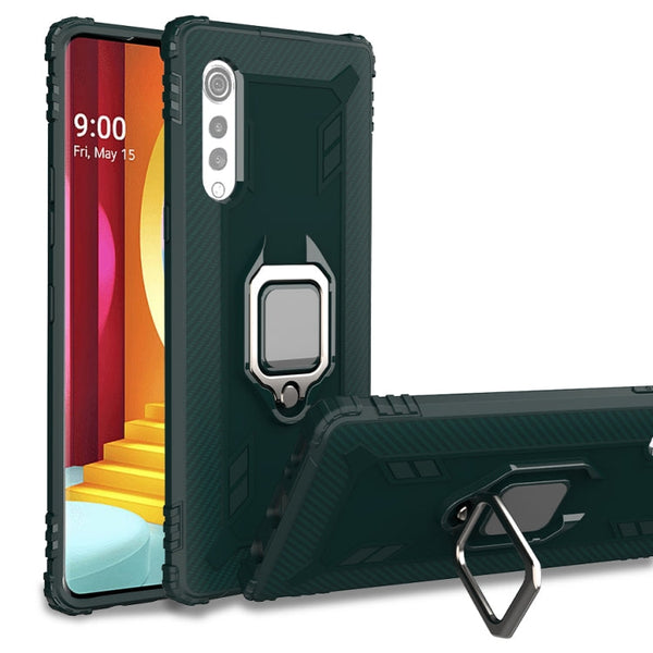 For LG Velvet / G9 Carbon Fiber Protective Case with 360 Degree Rotating Ring Holder(Green)