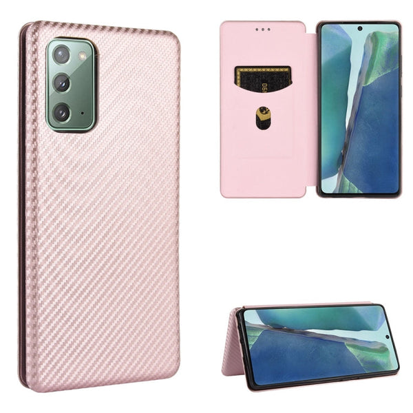 For Samsung Galaxy Note20 Carbon Fiber Texture Magnetic Horizontal Flip TPU + PC + PU Leather Case with Card Slot(Pink)