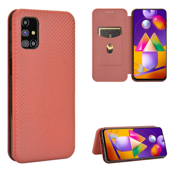 For Samsung Galaxy M31s Carbon Fiber Texture Magnetic Horizontal Flip TPU + PC + PU Leather Case with Rope & Card Slot(Brown)