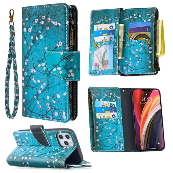For iPhone 12 Pro Max Colored Drawing Pattern Zipper Horizontal Flip Leather Case with Holder & Card Slots & Wallet(Plum Blossom)