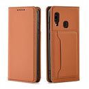 For Samsung Galaxy A20 Strong Magnetism Liquid Feel Horizontal Flip Leather Case with Holder & Card Slots & Wallet(Brown)