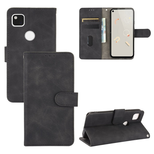 For Google Pixel 4a Solid Color Skin Feel Magnetic Buckle Horizontal Flip Calf Texture PU Leather Case with Holder & Card Slots & Wallet(Black)