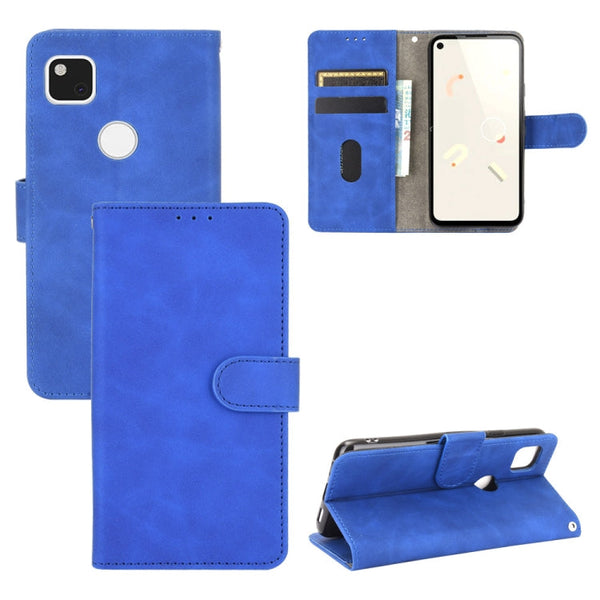 For Google Pixel 4a Solid Color Skin Feel Magnetic Buckle Horizontal Flip Calf Texture PU Leather Case with Holder & Card Slots & Wallet(Blue)