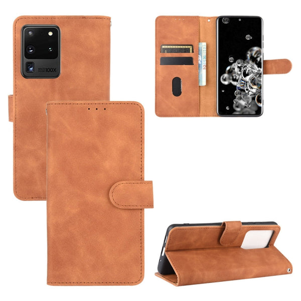 For Samsung Galaxy S20 Ultra Solid Color Skin Feel Magnetic Buckle Horizontal Flip Calf Texture PU Leather Case with Holder & Card Slots & Wallet(Brown)