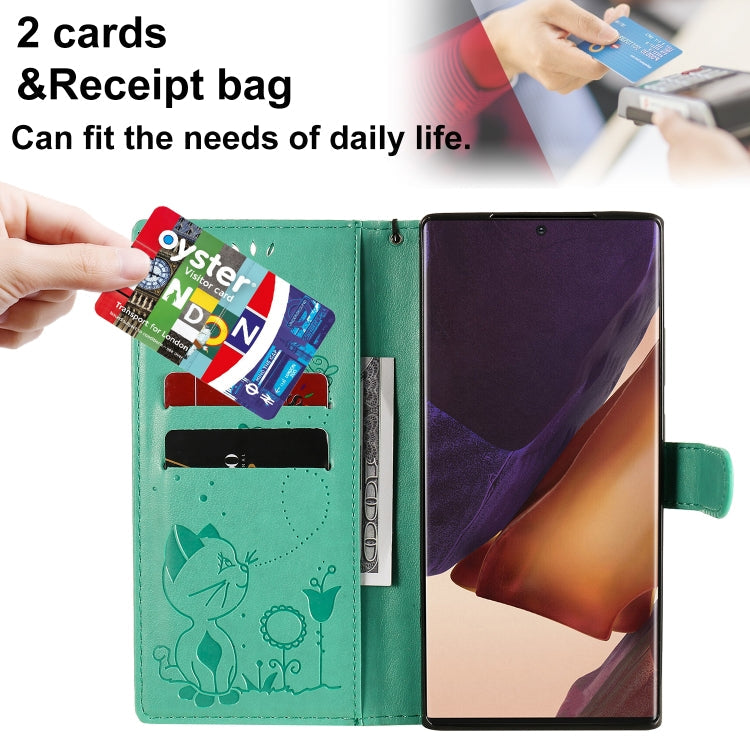 For Samsung Galaxy Note 20 Ultra Cat Bee Embossing Pattern Shockproof Horizontal Flip Leather Case with Holder & Card Slots & Wallet(Green)