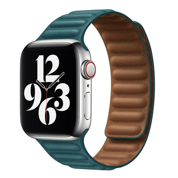 For Apple Watch Series 7 45mm / 6 & SE & 5 & 4 44mm / 3 & 2 & 1 42mm Leather Watch Band (Peacock Green)