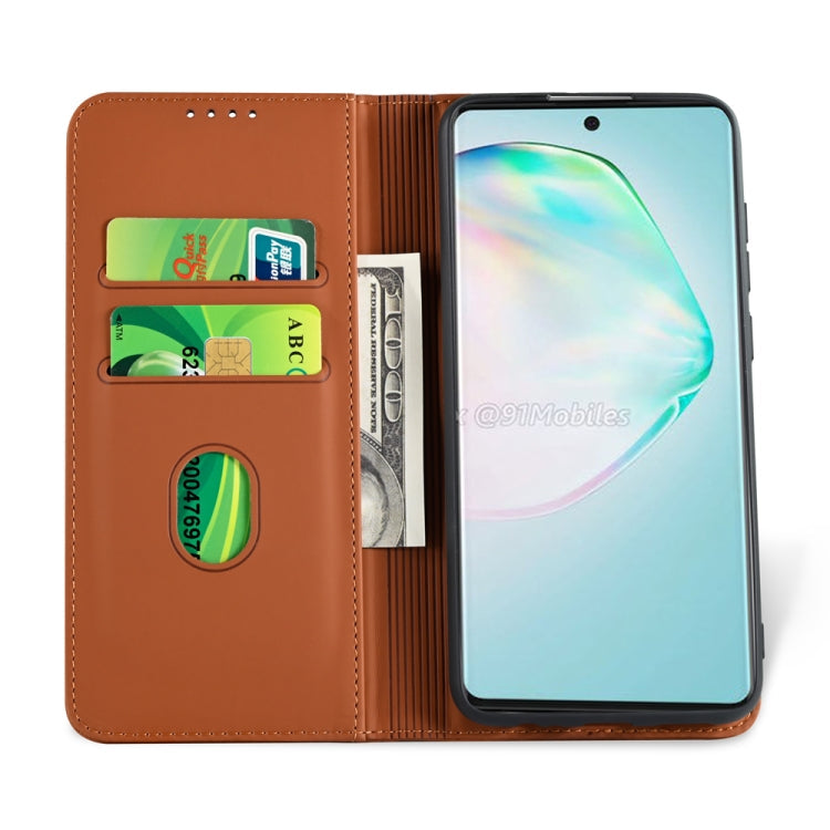 For Samsung Galaxy S10 Lite Strong Magnetism Shockproof Horizontal Flip Liquid Feel Leather Case with Holder & Card Slots & Wallet(Brown)