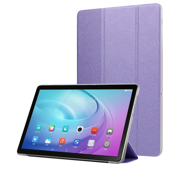 For Samsung Galaxy Tab A7 10.4 T500 TPU Silk Texture Three-fold Horizontal Flip Leather Case with Holder(Purple)