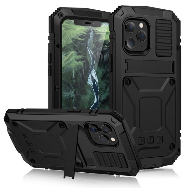 R-JUST Shockproof Waterproof Dust-proof Metal + Silicone Protective Case with Holder For iPhone 12 Pro Max(Black)