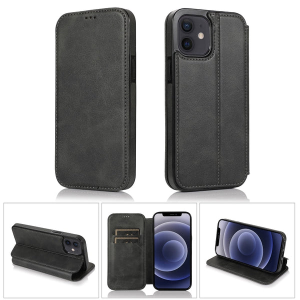 Strong Magnetic Closure PU + TPU Leather Case with Card Slots & Holder For iPhone 12 mini(Black)