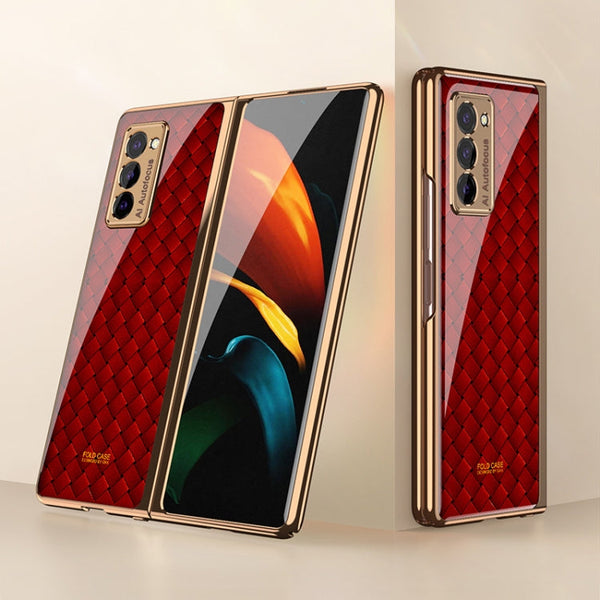 For Samsung Galaxy Z Fold2 GKK Electroplating Painted Glass Case(Woven Red Pattern)