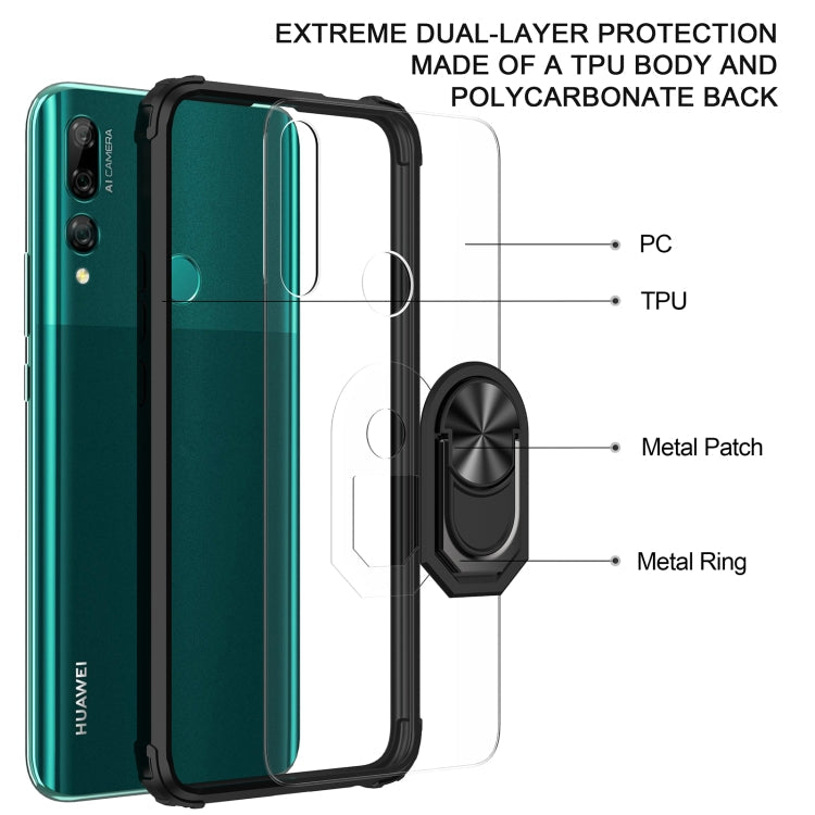 For Huawei Y9 Prime (2019) Shockproof Transparent TPU + Acrylic Protective Case with Ring Holder(Black and Silver)