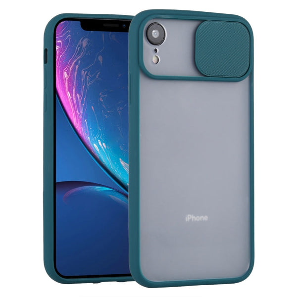 Sliding Camera Cover Design TPU Protective Case For iPhone XR(Dark Green)