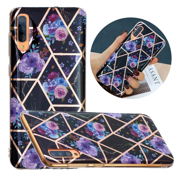 For Samsung Galaxy A70 Flat Plating Splicing Gilding Protective Case(Black Background Flower Matching Color)
