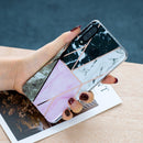 For Huawei P30 Lite Flat Plating Splicing Gilding Protective Case(Grey Pink White Marble Color Matching)