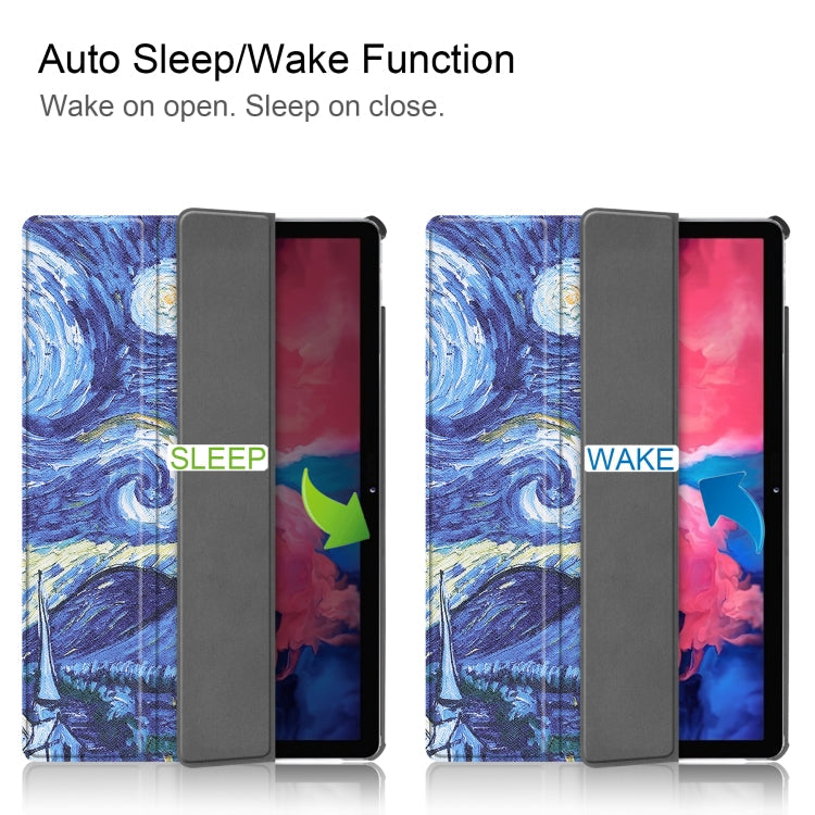 For Lenovo Tab P11 (TB-J606F) Custer Painted Pattern Horizontal Flip Smart Flat PU Leather Case with Sleep / Wake-up Function & 3-Fold Holder(Starry Sky)