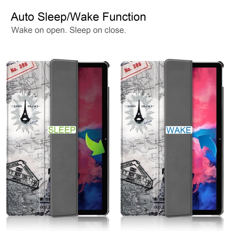 For Lenovo Tab P11 (TB-J606F) Custer Painted Pattern Horizontal Flip Smart Flat PU Leather Case with Sleep / Wake-up Function & 3-Fold Holder(Retro Tower)
