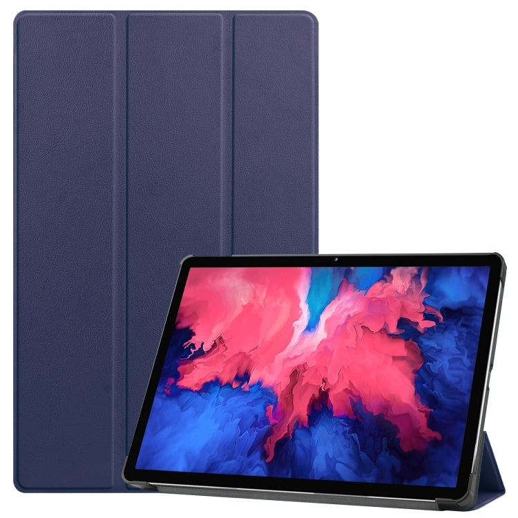 For Lenovo Tab P11 TB-J606F /Tab P11 5G Three-folding Custer Texture Smart Leather Tablet Case(Dark Blue)