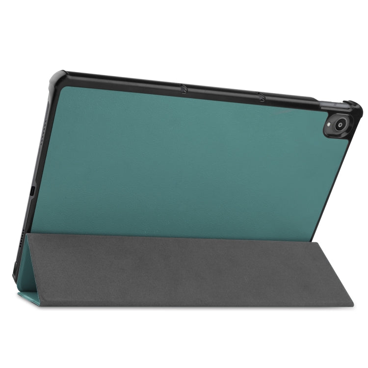 For Lenovo Tab P11 TB-J606F /Tab P11 5G Three-folding Custer Texture Smart Leather Tablet Case(Dark Green)