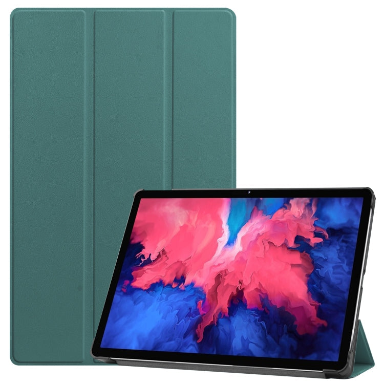 For Lenovo Tab P11 TB-J606F /Tab P11 5G Three-folding Custer Texture Smart Leather Tablet Case(Dark Green)