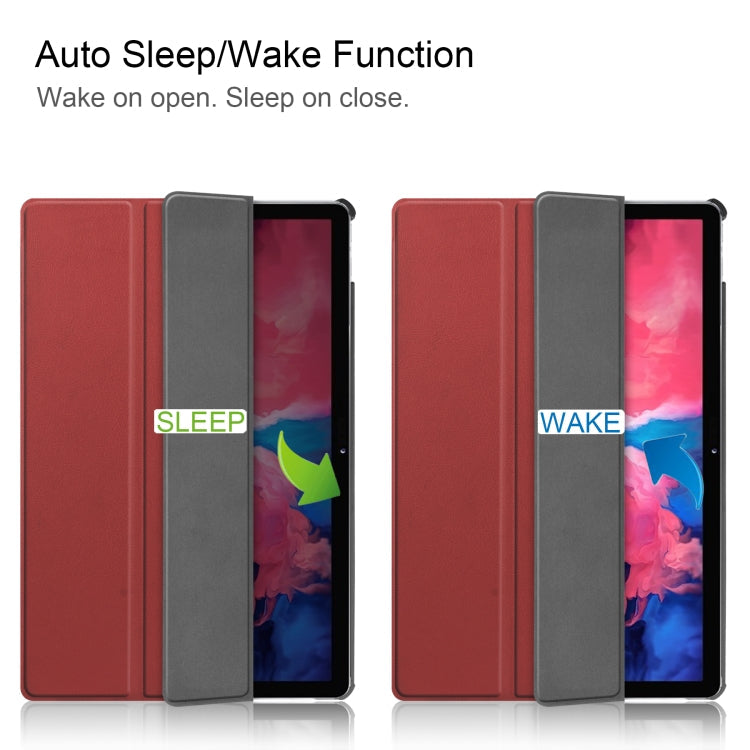 For Lenovo Tab P11 TB-J606F /Tab P11 5G Three-folding Custer Texture Smart Leather Tablet Case(Wine Red)