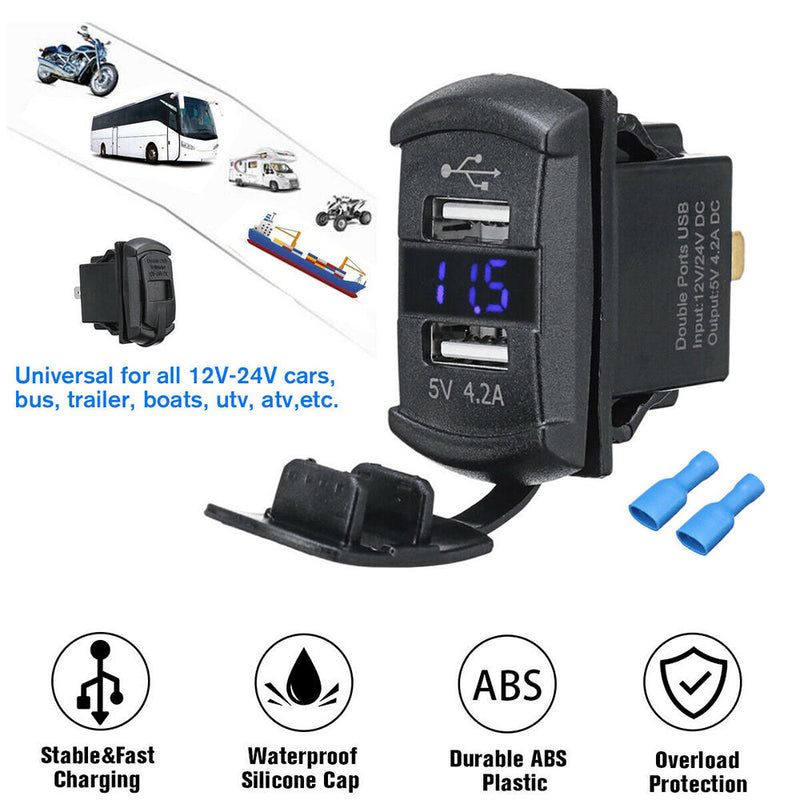 Universal Rocker Style Car USB Charger with Blue LED Light Dual USB Power Socket