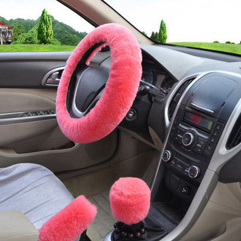 1 Set Soft Fluffy Plush Car Steering Wheel Cover Gear Shift Snowy Warm Wool New