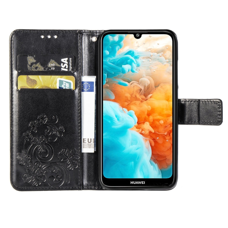 Lucky Clover Pressed Flowers Pattern Leather Case for Huawei Y6 2019, with Holder & Card Slots & Wallet & Hand Strap (Black)