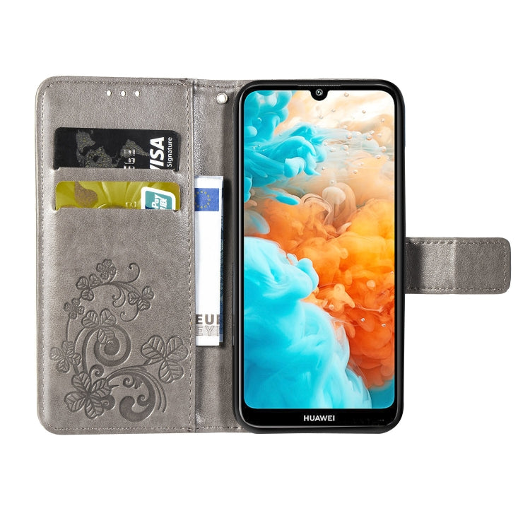 Lucky Clover Pressed Flowers Pattern Leather Case for Huawei Y6 2019, with Holder & Card Slots & Wallet & Hand Strap (Grey)
