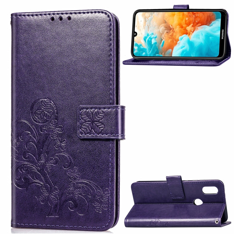 Lucky Clover Pressed Flowers Pattern Leather Case for Huawei Y6 2019, with Holder & Card Slots & Wallet & Hand Strap (Purple)