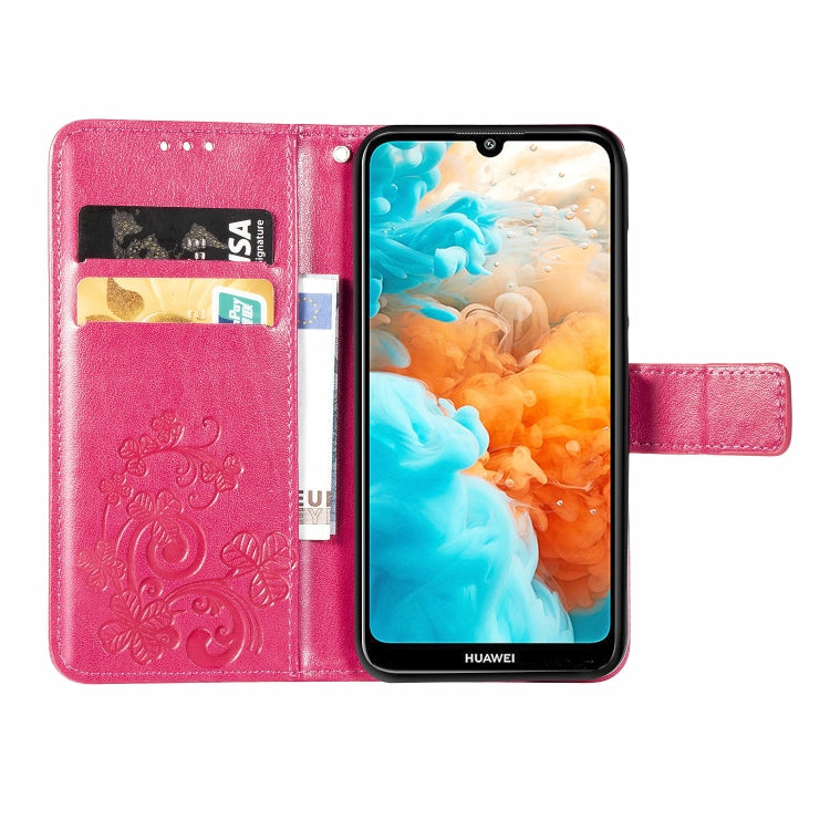 Lucky Clover Pressed Flowers Pattern Leather Case for Huawei Y6 2019, with Holder & Card Slots & Wallet & Hand Strap (Rose Red)