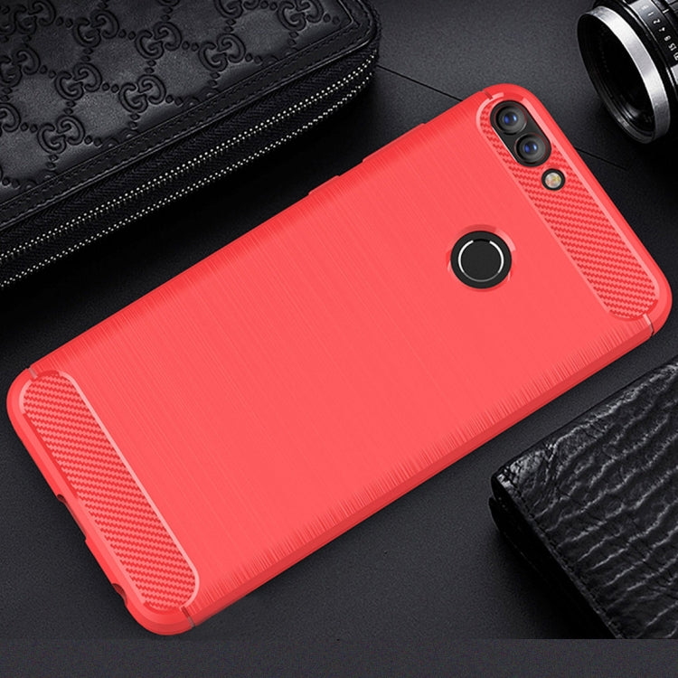 For Huawei P smart / Enjoy 7S Brushed Texture Carbon Fiber Shockproof TPU Protective Back Case (Red)