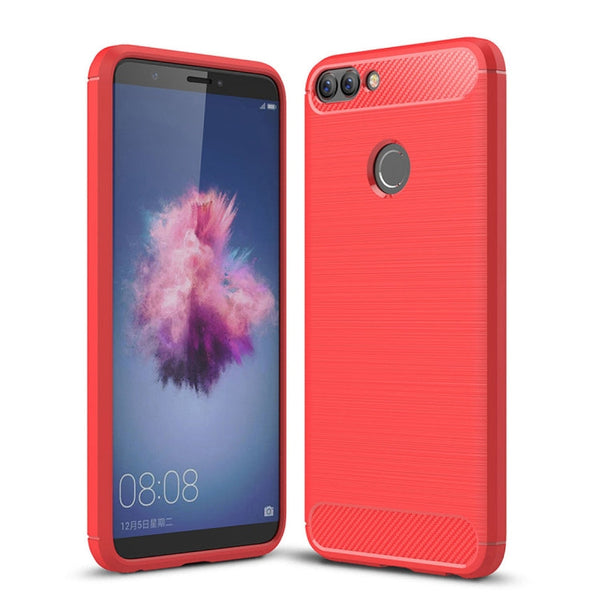 For Huawei P smart / Enjoy 7S Brushed Texture Carbon Fiber Shockproof TPU Protective Back Case (Red)