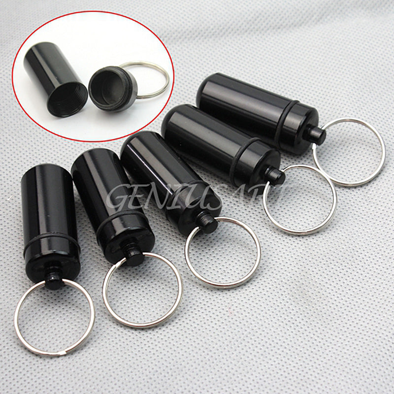 5x Black Waterproof Aluminum Pill Box Case Holder Keychain Container Durable