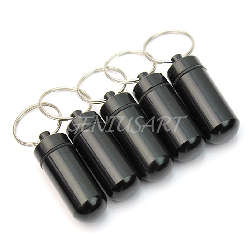 5x Black Waterproof Aluminum Pill Box Case Holder Keychain Container Durable