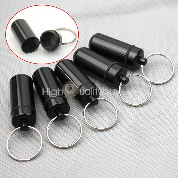 5x Black Waterproof Aluminum Pill Box Case Holder Keychain Container Durable