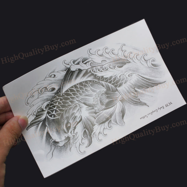 Waterproof Black Large Temporary Tattoo Oriental Carp Fish Good Luck