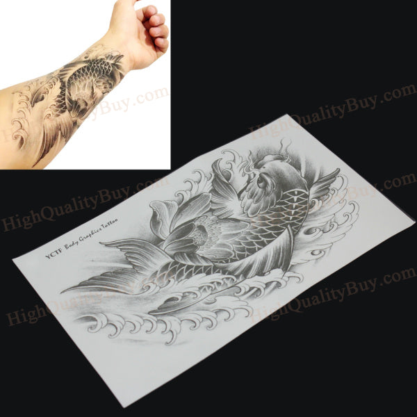 Waterproof Black Large Temporary Tattoo Oriental Carp Fish Good Luck